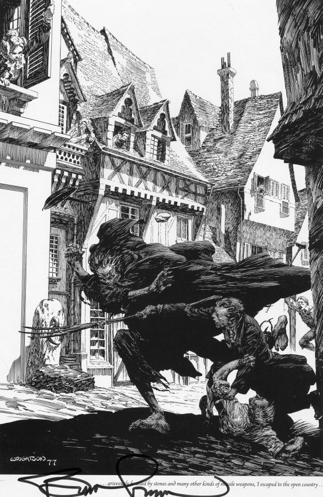 Item #000011053 ... greviously bruised by stones and many other kinds of missile weapons, I escaped to the open country ... [Scene from Frankenstein]. Bernie Wrightson, Frankenstein.