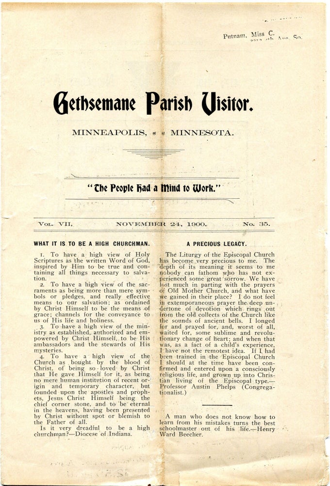 Item #000011073 Gethsemane Parish Visitor; "The People had a Mind to Work" Vestry of the Church of Gethsemane, Thanksgiving, Minneapolis, Episcopalianism.