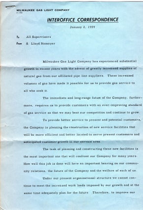 Item #000012619 Interoffice Correspondence January 2, 1959 from the Milwaukee Gas Light Company....