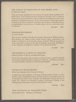 Critical Problems in the History of Science; Proceedings of the Institute for the History of Science at the University of Wisconsin, September 1-11, 1957