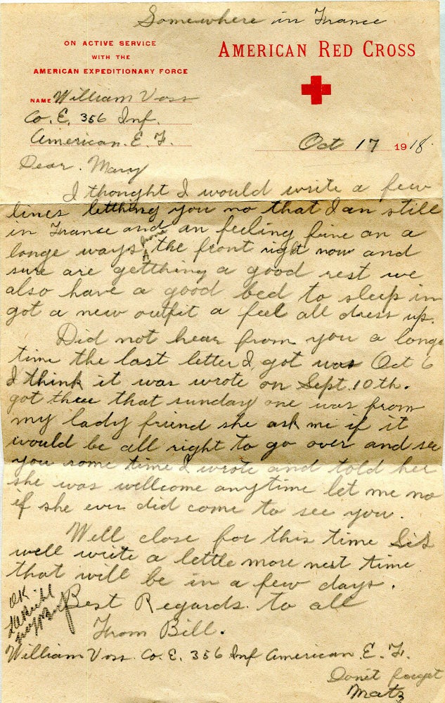 Item #00008684 U.S. Soldier's Letter to His Sister, written during WWI. William Voss.